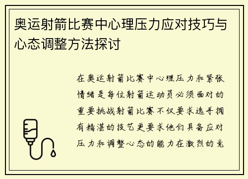奥运射箭比赛中心理压力应对技巧与心态调整方法探讨