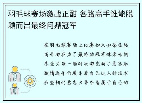 羽毛球赛场激战正酣 各路高手谁能脱颖而出最终问鼎冠军