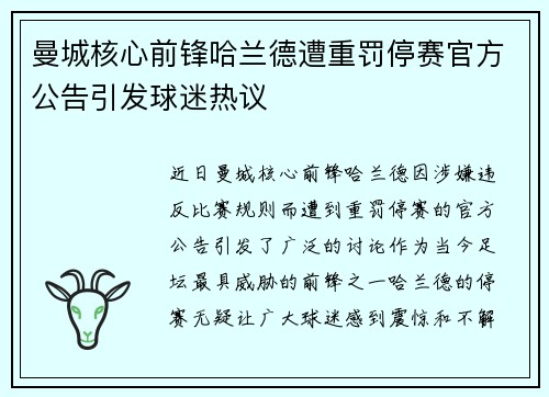 曼城核心前锋哈兰德遭重罚停赛官方公告引发球迷热议