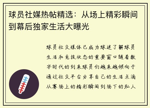 球员社媒热帖精选:从场上精彩瞬间到幕后独家生活大曝光 球员社媒热帖精选:从场上精彩瞬间到幕后独家生活大曝光